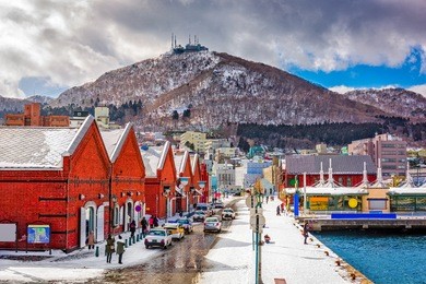 hakodate, japan cityscape at the historic red brick warehouses and mt. hakodate.