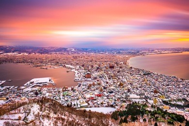 hakodate, hokkaido, japan dawn skyline in winter.