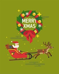 lovely christmas visual with traditional xmas wreath and santa claus riding in red sleigh pulled by deer. flat vector design elements on christmas holidays