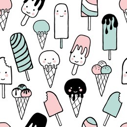 seamless pattern with ice cream flat cute icons.hand drawn kawaii ice cream in waffle cones, ice lolly. cartoon characters. fun happy doodles for kids. vector illustration