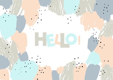 hello! text. patchwork frame. abstract background. vector artwork. blue, beige, gray colors. brush, marker, pencil stroke pattern. memphis vintage, retro style. children, kids sketch drawing.