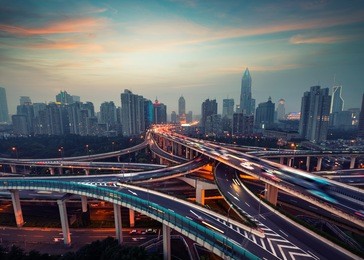 beautiful city interchange overpass at night in shanghai ,china