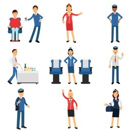 pilot and stewardess at work during the flight set, airline working process vector illustrations
