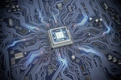 circuit board with cpu.  motherboard system chip with glowing processor. computerÂ´s technology and internet concept. 3d illustration.