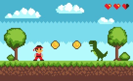 old style pixel game , picture representing character and dinosaur, coins and health, trees and bushes, sky and clouds on vector illustration