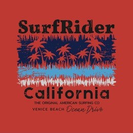 vector illustration on the theme of surfing and surf rider in california, venice beach. vintage design.  grunge background. typography, t-shirt graphics, print, poster, banner, flyer, postcard