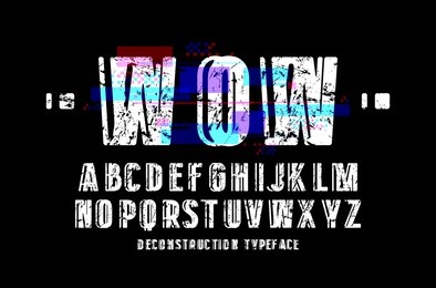 decorative sanserif font. letters with glitch distortion effect and rough texture. design for logo and title. print on black background