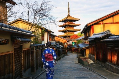 young woman japanese kimono walking yasaka in street near pagoda in the morning, kyoto, japan