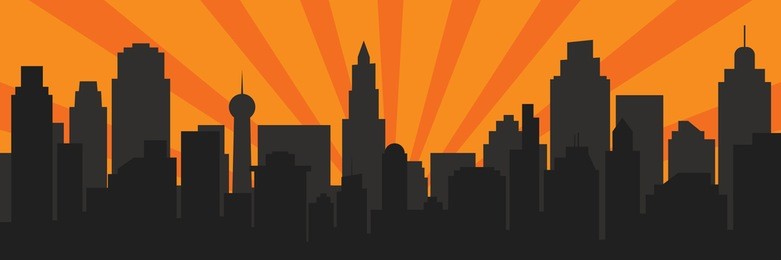 sunrise and modern black silhouette city in pop art style. comics book design background. vector illustration retro style