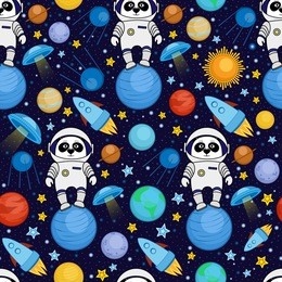 colorful seamless cartoon space pattern with panda astronauts, rockets, planets, stars on starry night sky background, illustration. cute and bright space travel seamless pattern