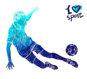 bright watercolor silhouette of soccer player with ball.. vector sport illustration. graphic figure of the athlete. active people. recreation lifestyle. man. logo i love sport.
