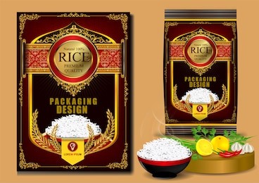 golden and red rice package thailand food logo products and fabric background thai frame arts, banner and poster template design rice food.golden template and rice design