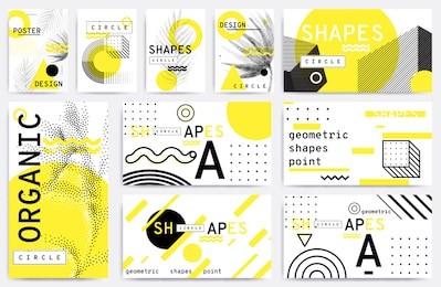 universal trend posters set juxtaposed with bright bold geometric leaves foliage yellow elements composition. background in restrained sustained tempered style. magazine, leaflet, billboard, sale