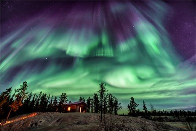 amazing northen lights in purple and blue color dancing over chalet in yellowknife