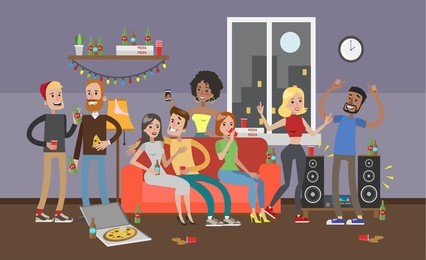 party at home. people dancing, talking and having fun. pizza and beer.