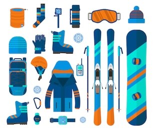 winter sport icons collection. skiing and snowboarding set equipment isolated on white background in flat style design. elements for ski resort picture, mountain activities, vector illustration.