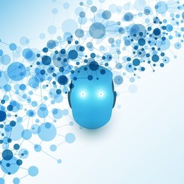 machine learning, artificial intelligence and networks design concept with network mesh and robot head