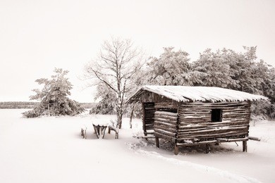 wooden house in snowy woods