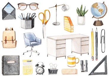 back to school set: globe, black notebook, glasses, stationery in yellow and black colors, cup, office table and chair, backpack, table lamp.
