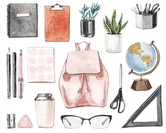 back to school set: pink backpack, notebooks, pen, pencil, scissors, rule, globe, home plants, coffee, glasses.