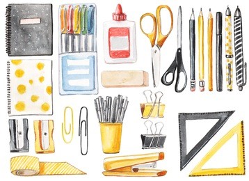 back to school set: notebooks, pens, pencils, scissors, rules, markers, office supplies.