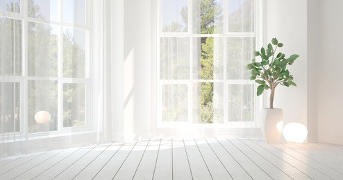 idea of white empty room with summer landscape in window. scandinavian interior design. 3d illustration