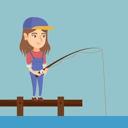 young caucasian woman relaxing during fishing on jetty. cheerful fisherwoman fishing on lake. angler standing on the jetty with a fishing-rod in hands. vector cartoon illustration. square layout.