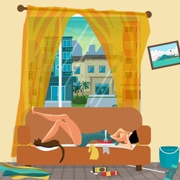 young lazy woman is lying on the couch with her eyes closed. lazy wife and mess in the room. flat cartoon vector illustration