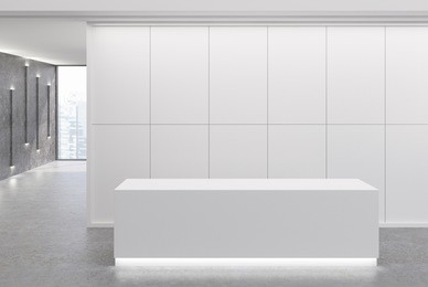 white reception desk is standing in an office lobby with pannel walls and large windows. narrow lamps on gray walls. 3d rendering mock up