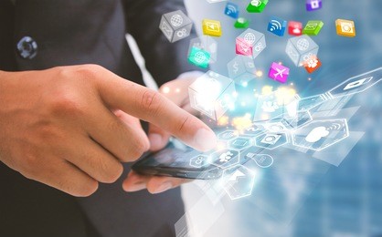 businessman touch social media isons. social media concept.