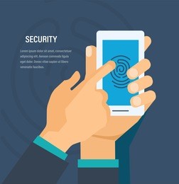 security of personal data, protection payment, money and information. authorization system, mobile application. hands hold phone with software. mobile security with fingerprint. vector illustration.