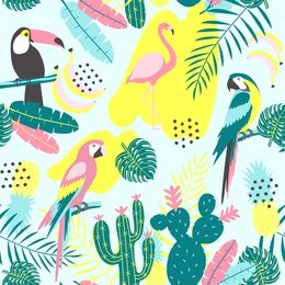 tropical seamless pattern with toucan, flamingos, parrot, cactuses and exotic leaves. vector illustration