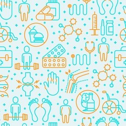 arthritis seamless pattern with thin line icons of symptoms and treatments: pain in joints, obesity, fast food, alcohol, medicine, wheelchair. vector illustration for banner, web page, print media.