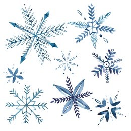 set of watercolor snowflakes isolated on white. christmas winter holiday symbol in a watercolor style . aquarelle xmas card for background, texture, wrapper pattern, frame or border.