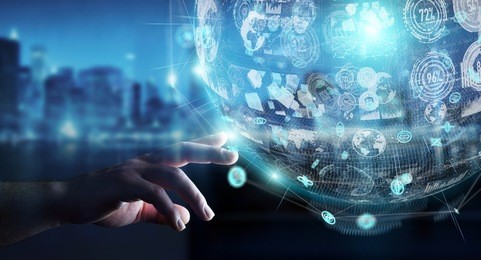 businessman on blurred background using holograms datas digital sphere 3d rendering