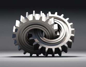 3d illustration. a pair of interlaced gears made out of metal.
 