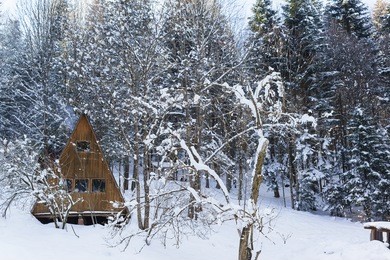 small gabled wooden tourist house in the snowy woods. recreation on the plateau lago-naki. russia, republic of adygea