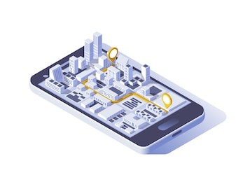 mobile gps and tracking concept. location track app on touchscreen smartphone, on isometric city map background. 3d vector illustration.