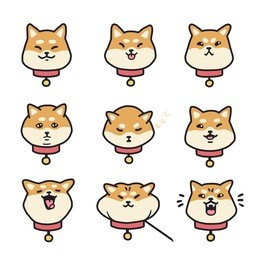 cute shiba inu (head) emotions stickers vector set.