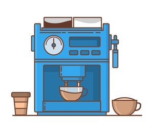 coffee machine for make coffee and pours hot drink in a cup.a cappuccino with a skin and milk.coffee maker flat style a vector.paper or plastic cup.electric household appliances for house and office.
