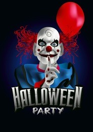 scary clown with a balloon halloween party flyer