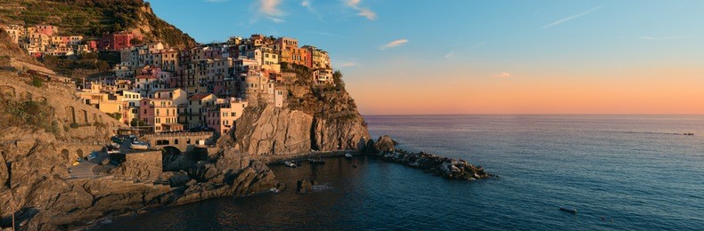 sunset on manarola - cinque terre, italy. high definition panorama hdr