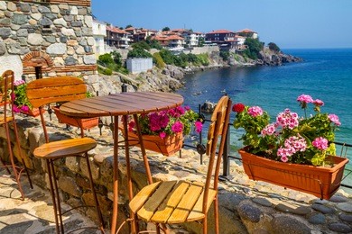 seaside landscape - view from the cafe on the embankment in the town of sozopol on the black sea coast in bulgaria