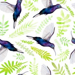 hummingbirds on a background of tropical leaves. watercolor seamless pattern. the image can be used for printing on postcards, as a print on clothes