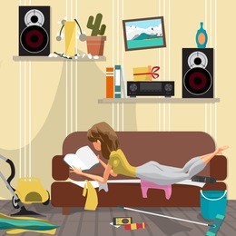 young lazy woman is lying on the couch and reading a book. lazy wife and mess in the room. flat cartoon vector illustration