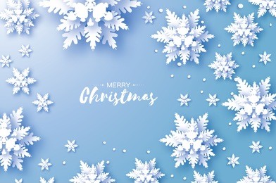 origami snowfall. merry christmas greetings card. white paper cut snow flake. happy new year. winter snowflakes background. space for text. holidays. blue background. vector