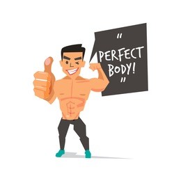muscleman showing thumb up with "perfect body" speech bubble. character design  - vector illustration