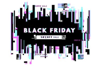 modern glitch banner background template. black friday banner 50% off sale. abstract distortion of monitor screen, with broken pixels and noise. vector illustration