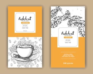 coffee product with yellow color and latte art coffee template for label packaging.use by pen & ink sketch drawing technique.vector & illustration.