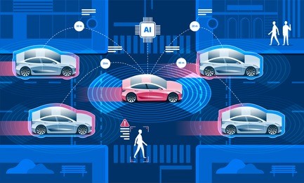 wireless network of vehicle. road in the city with autonomous driverless cars and people walking on the street.